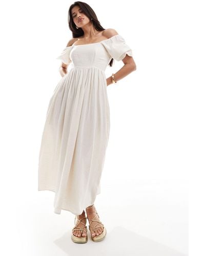 In The Style Linen Look Bardot Puff Sleeve Maxi Dress - White