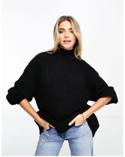 Monki High Neck Chunky Rib Knitted Sweater With Volume Sleeve - Black