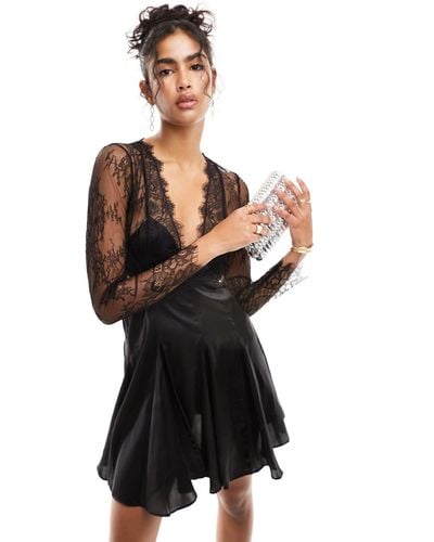 ASOS Satin Cut Out Waist Mini Dress With Lace Detail - Black