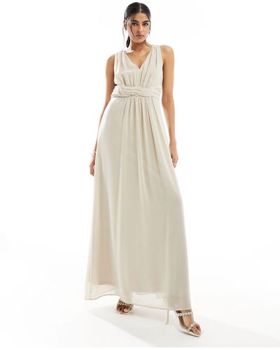 Vila Bridesmaid Wrap Waist Detail Maxi Dress With Pleat Front - Natural