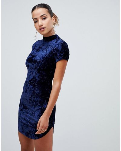AX Paris High Neck Short Sleeve Velvet Dress - Blue