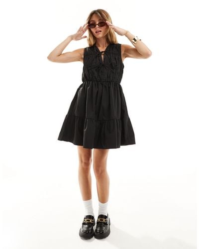 Y.A.S Cotton Poplin Sleeveless Mini Dress With Ruching And Tie Front Detail L - Black