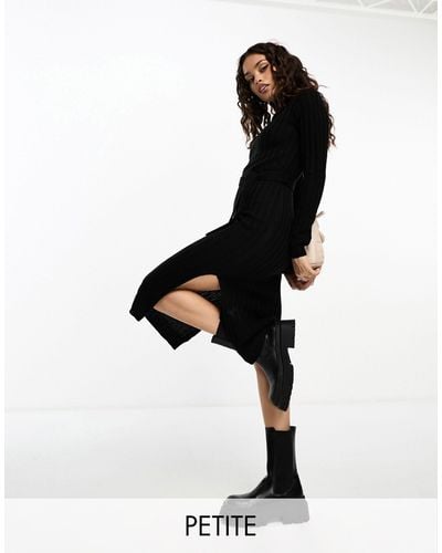 Brave Soul Petite Murphy Long Sleeve Ribbed Midi Belted Midi Dress - Black
