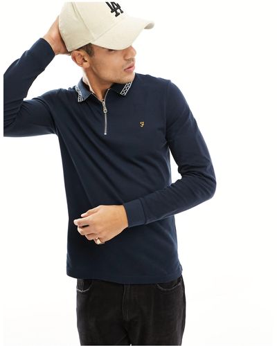 Farah Milan Long Sleeve Polo With Zip - Blue