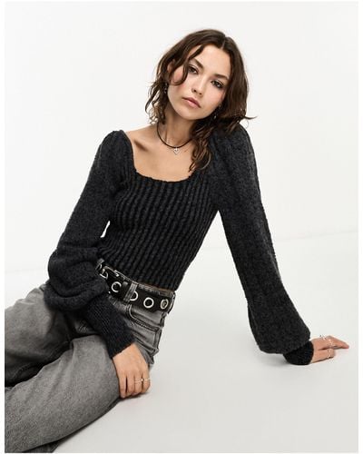 Free People Soft Puff Sleeve Square Neck Sweater - Black