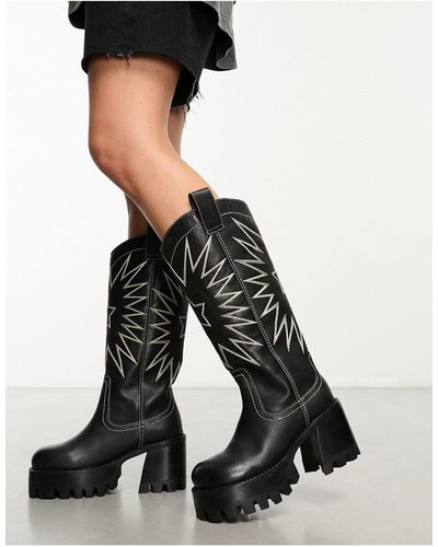 ASOS Cosmic - bottes hauteur genou en cuir style western à semelle crantée - Noir