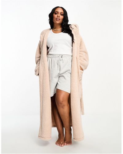 Loungeable Curve Cosy Sherpa Hooded Maxi Dressing Gown - Natural