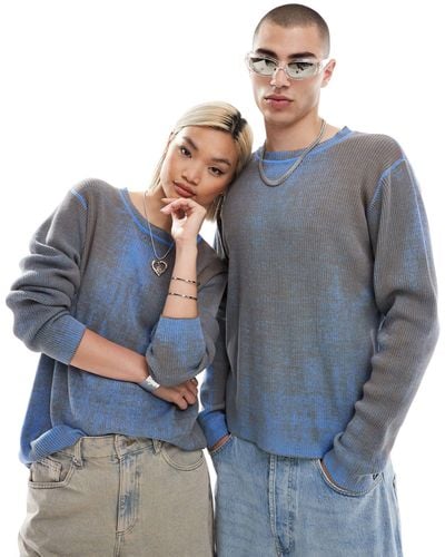 Collusion Unisex Distressed Knitted Crew Neck Jumper - Blue