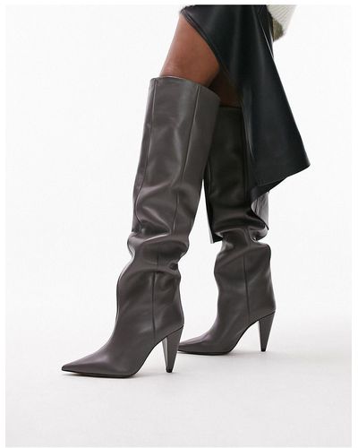 TOPSHOP Tabitha Premium Leather Cone Heel Knee High Boot - Black