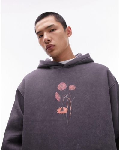 TOPMAN Oversized Fit Hoodie With Front And Back Painted Floral Print - Purple