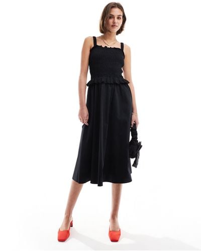 & Other Stories Mixed Fabric Midi Dress With Ruched Square Neck Bodice And Full Hem - Black