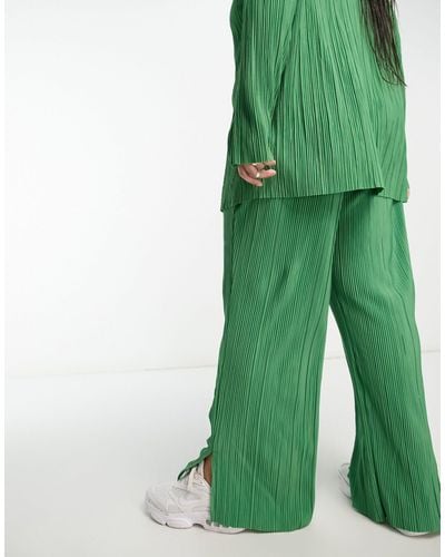 ONLY Plisse Wide Leg Trouser Co-ord With Side Slit - Green