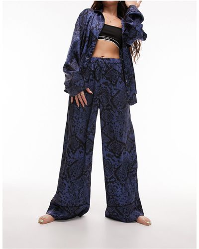 TOPSHOP Snake Print Satin Piped Shirt And Trouser Pajama Set - Blue