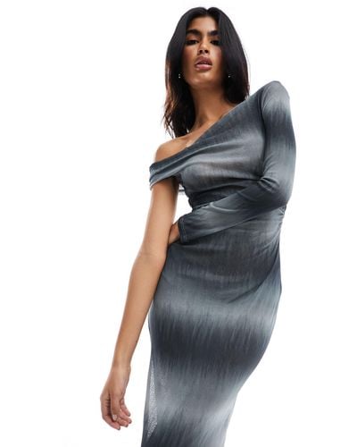 Pull&Bear One Shoulder Asymmetric Knit Maxi Dress With Split - Black