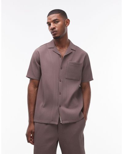 TOPMAN Short Sleeve Revere Plisse Shirt - Brown