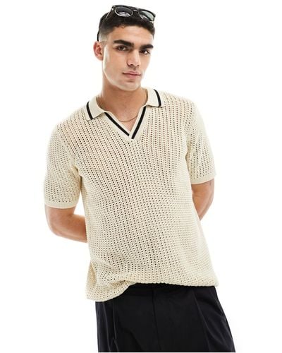 ASOS Lightweight Knitted Pointelle Revere Polo - Natural