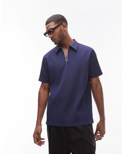 TOPMAN Short Sleeve 1/4 Zip Plisse Shirt - Blue
