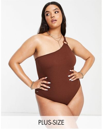 River Island One Shoulder Textured Swimsuit - Brown
