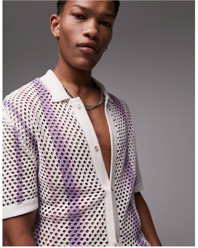 TOPMAN Knitted Button Through Stripe Shirt - Purple