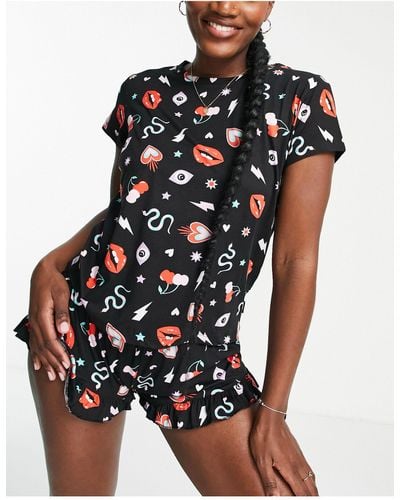 Chelsea Peers Lips And Heart Short Pyjama Set - Black
