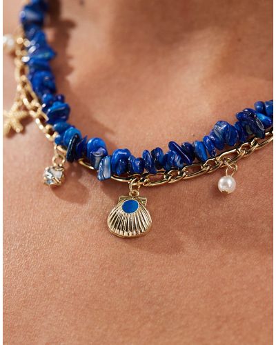 Pieces 2 Layer Necklace With Stones & Beach Pendants - Blue