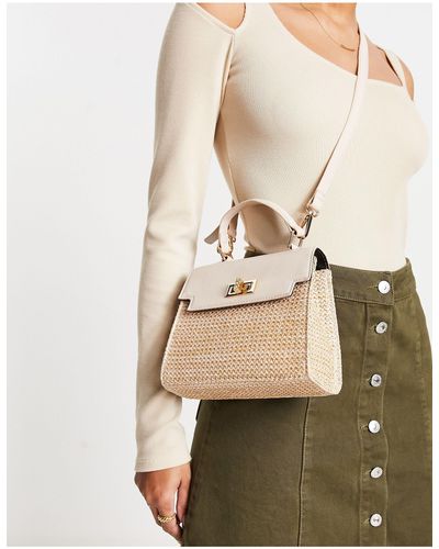 ASOS Lock Detail Bag With Top Handle And Detachable Crossbody Strap - Natural