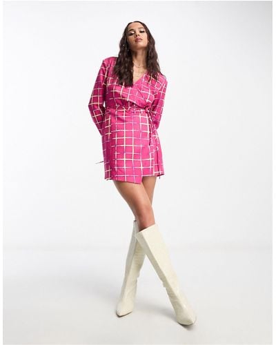 Annorlunda Neon Check Cut-about Tailored Blazer Dress - Pink
