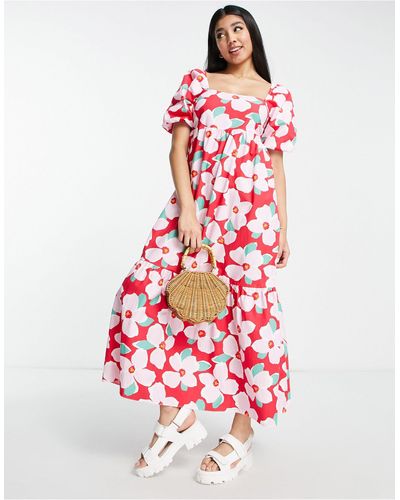 New Look Vestido midi con estampado floral, mangas abullonadas y lazada en la espalda - Blanco