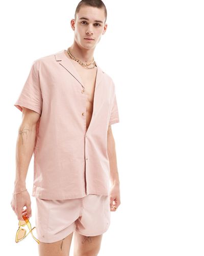 ASOS Relaxed Linen Blend Shirt With Deep Revere Collar - Pink