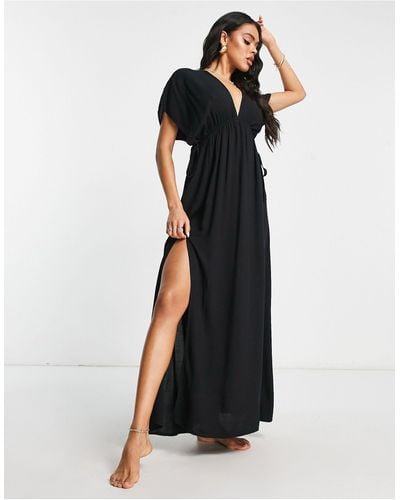 ASOS Flutter Sleeve Maxi Beach Dress With Channeled Tie Waist - Black