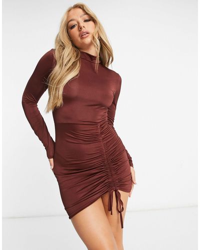 Femme Luxe Long Sleeve Ruched Detail Mini Dress - Brown