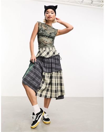 Collusion Deconstructed Gathered Panel Mixed Check Midi Skirt - White