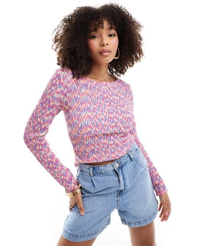 Pieces Textured Long Sleeved Top With Pink Lettuce Edge Stitching - Purple