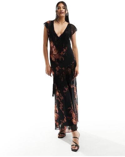 ASOS V Neck Sleeveless Midi Dress With Fringe Trim - Black
