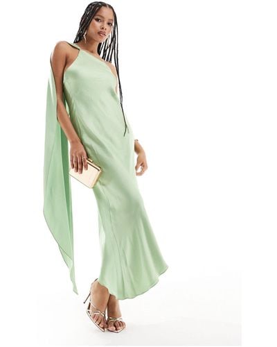 Mango One Shoulder Drape Satin Midi Dress - Green