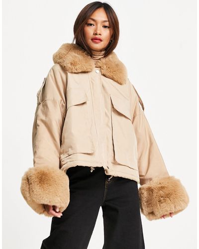 Amy Lynn Cropped Jacket With Faux Fur Collar And Cuffs - Brown