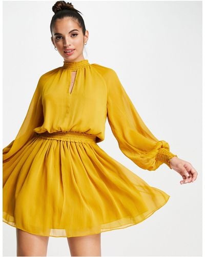 Forever New 70s Keyhole Long Sleeve Mini Dress - Yellow
