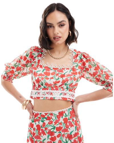 Hope & Ivy Crop Top With Balloon Sleeves - Red