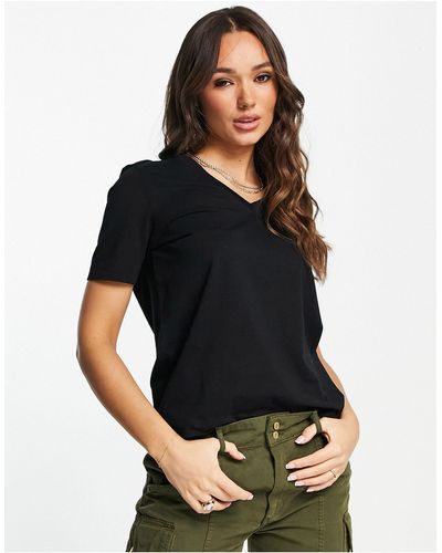 SELECTED Femme - T-shirt Van Katoen Met Korte Mouwen En V-hals - Zwart