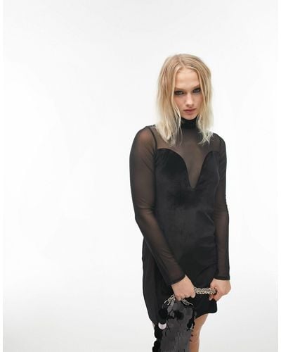 TOPSHOP Velvet And Mesh Silhouette Mini Dress - Black