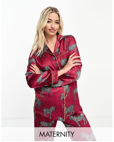 Chelsea Peers Maternity Christmas Satin Zebra Print Button Top And Trouser Pyjama Set - Red