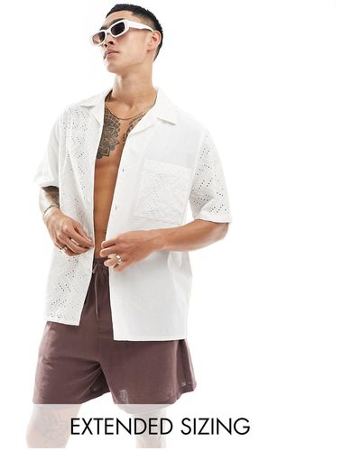 ASOS Short Sleeve Relaxed Revere Broderie Shirt - White