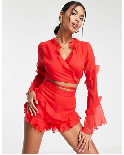 ASOS Co-ord Ruffle Detail Top With Tie Front - Red
