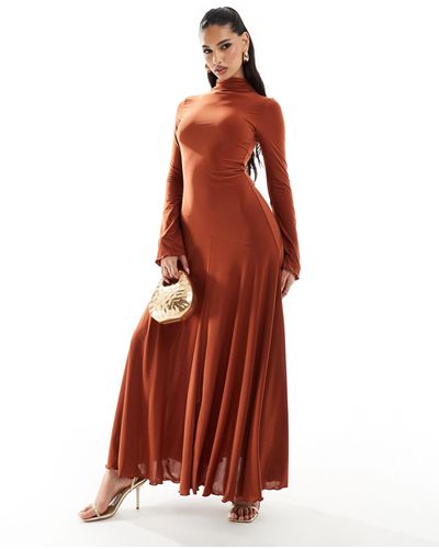 ASOS High Neck Long Sleeve A-line Maxi Dress - Red