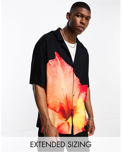 ASOS Oversized Camp Collar Longline Bowling Shirt With Flower Placement Print - Orange