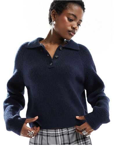 Monki Knit Polo Collar Sweater - Blue