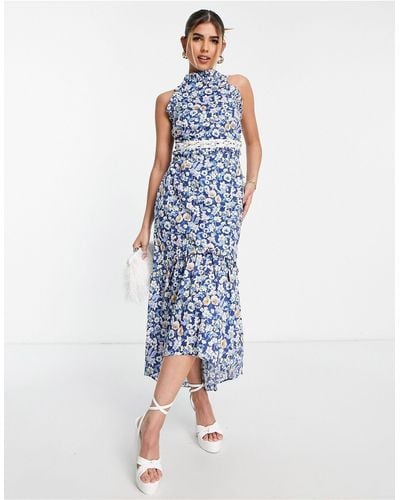 Hope & Ivy Made With Liberty Fabric Daniella Halterneck Dress - Blue