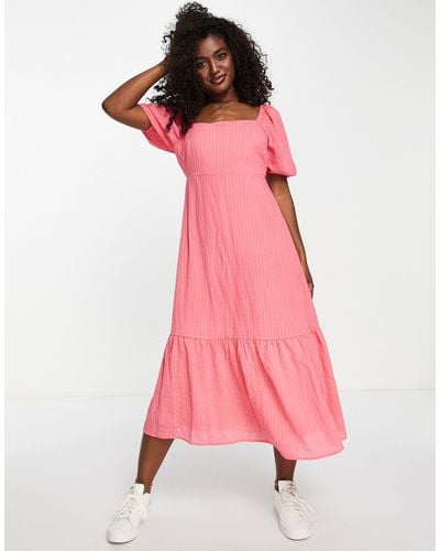 New Look Square Neck Textured Midi Dress - Pink
