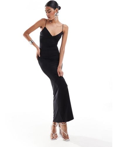Bershka Thin Strap Bow Detail Bodycon Maxi Dress - Black