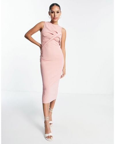 ASOS Sleeveless Bodycon Midi Dress With Twist Front Detail - Pink